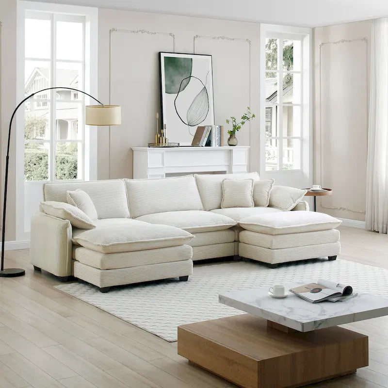 Canapé d'angle modulaire en velours côtelé beige 5 pièces en forme de U avec 2 poufs