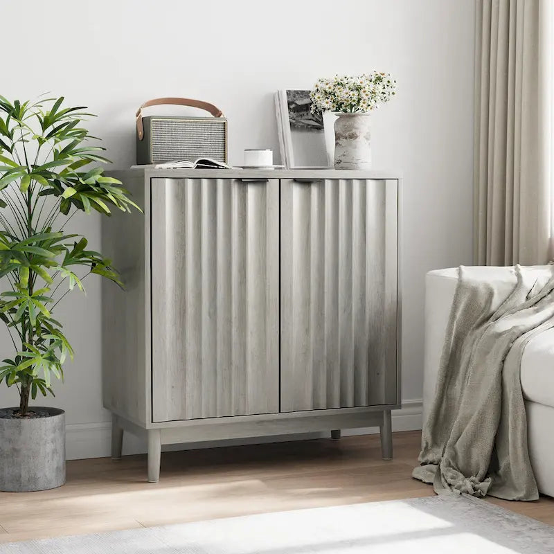 Buffet cannelé, meuble de rangement autoportant gris délavé avec étagère réglable, meuble de rangement en bois