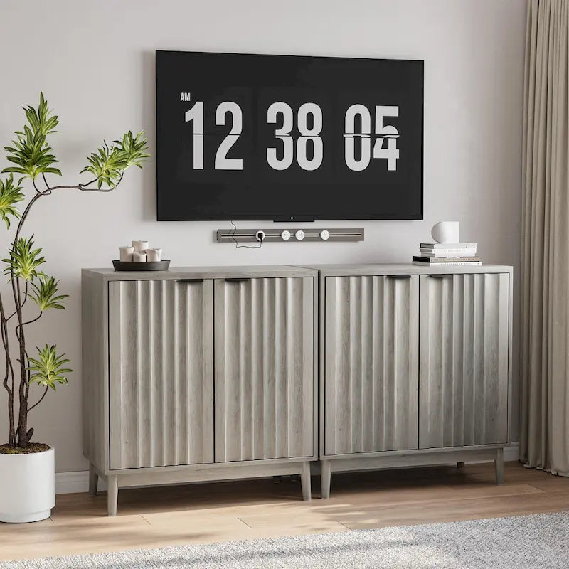 Buffet cannelé, meuble de rangement autoportant gris délavé avec étagère réglable, meuble de rangement en bois
