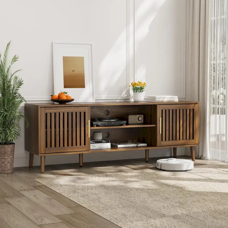 Meuble TV de 160 cm avec 2 placards à portes grillagées et étagère de rangement réglable, meuble TV moderne de style médiéval avec espace de rangement