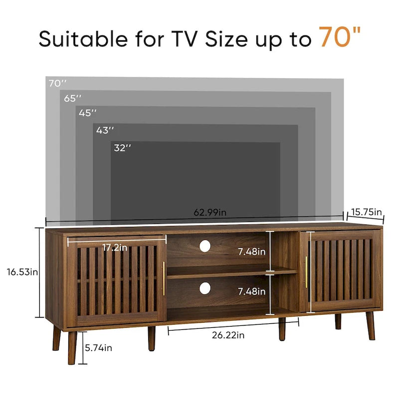 Meuble TV de 160 cm avec 2 placards à portes grillagées et étagère de rangement réglable, meuble TV moderne de style médiéval avec espace de rangement