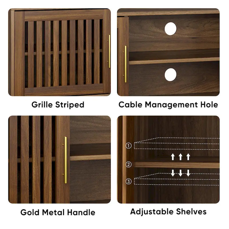 Meuble TV de 160 cm avec 2 placards à portes grillagées et étagère de rangement réglable, meuble TV moderne de style médiéval avec espace de rangement