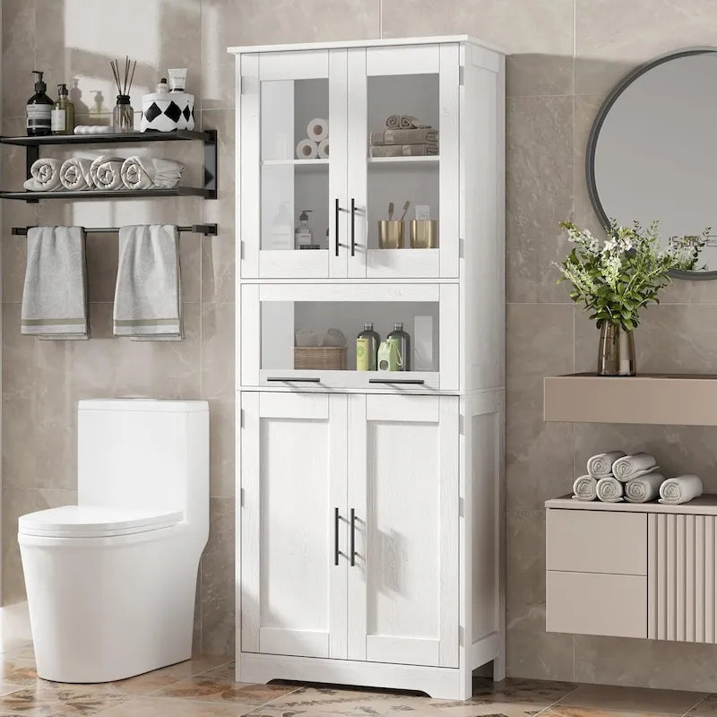 Armoire de salle de bain haute, armoire de rangement pour le linge avec portes, étagères réglables et tiroir