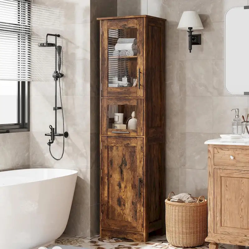 Armoire de salle de bain haute, armoire de rangement pour le linge avec portes, étagères réglables et tiroir