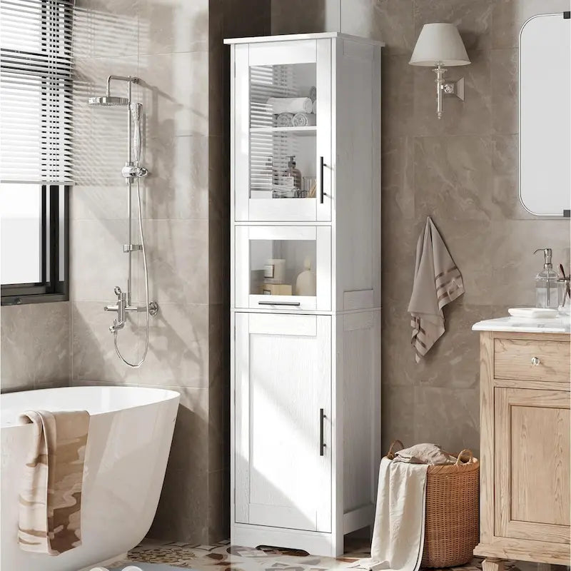 Armoire de salle de bain haute, armoire de rangement pour le linge avec portes, étagères réglables et tiroir