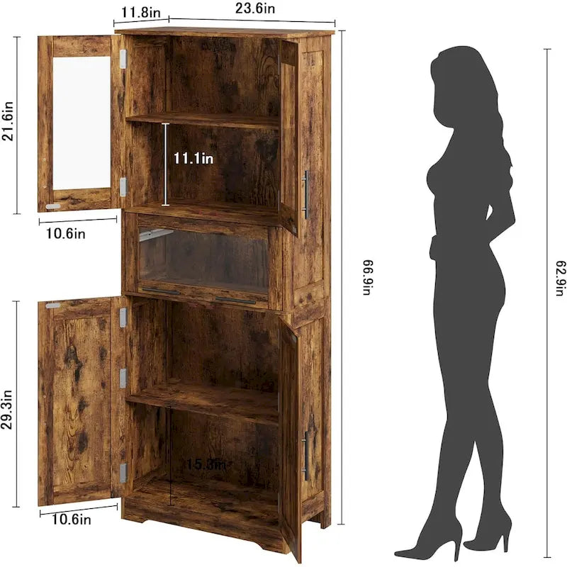 Armoire de salle de bain haute, armoire de rangement pour le linge avec portes, étagères réglables et tiroir