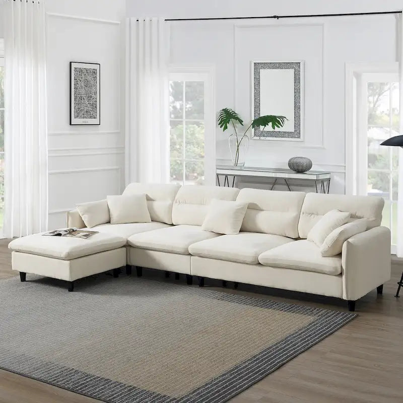 110 L-Shaped 5 Seater Sectional Sofa with Removable Ottoman, Cloud Chenille Upholstery and 5 Pillows
