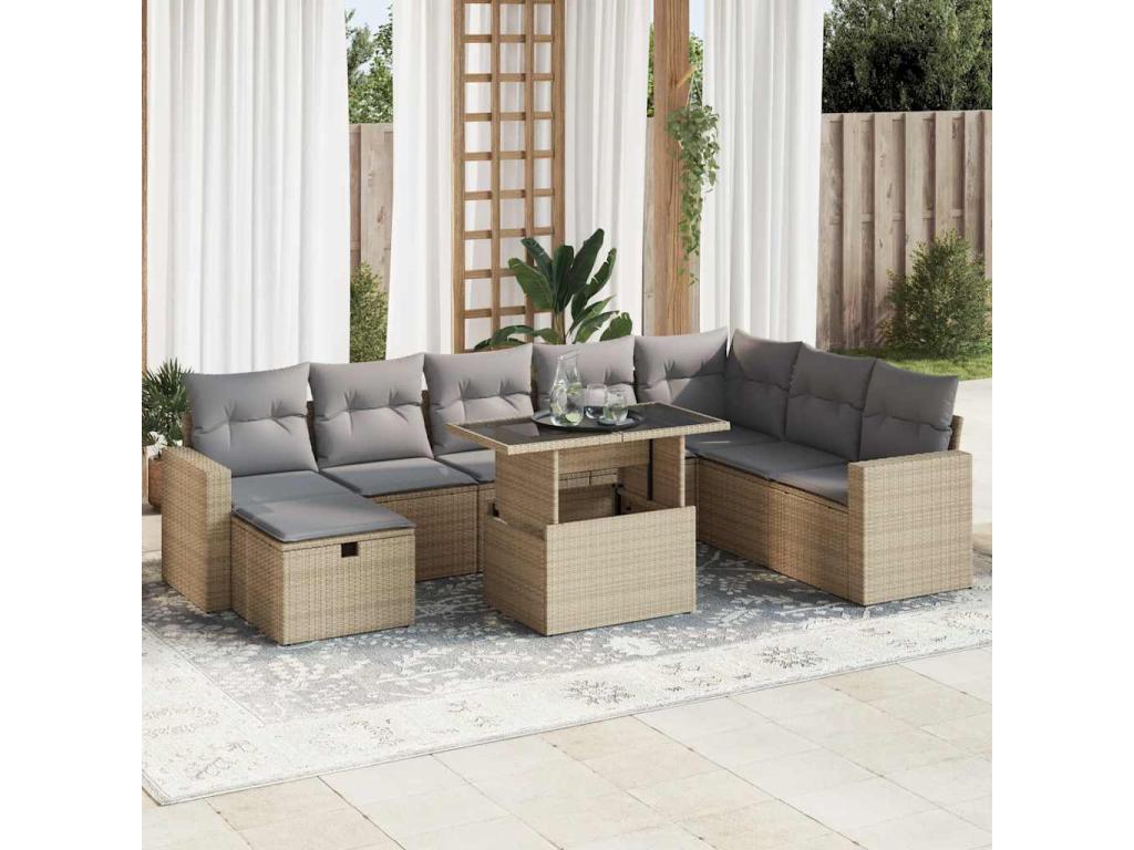 Ensemble de mobilier de jardin 9 pièces en résine tressée beige