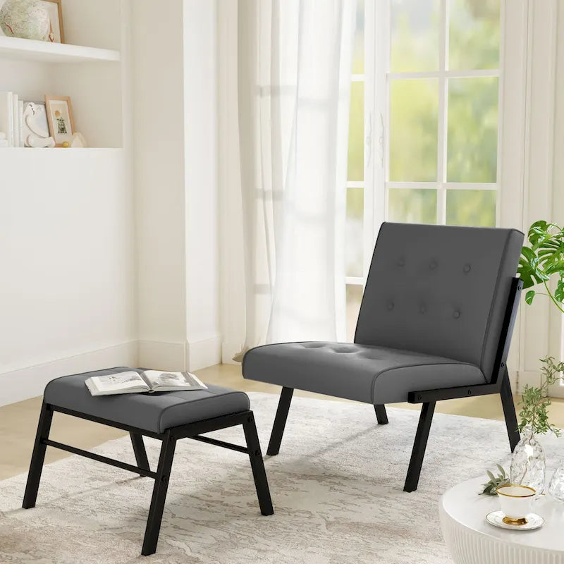 Fauteuil d'appoint Mieres style milieu du siècle, revêtu de similicuir, avec repose-pieds, 60 cm de large, capitonné, sans accoudoirs, pour salon