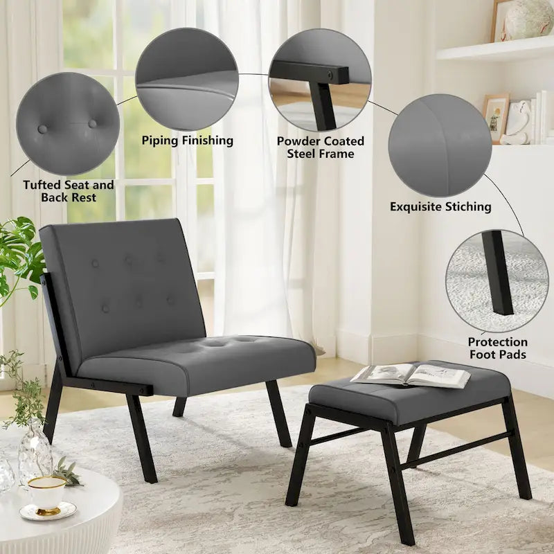 Fauteuil d'appoint Mieres style milieu du siècle, revêtu de similicuir, avec repose-pieds, 60 cm de large, capitonné, sans accoudoirs, pour salon