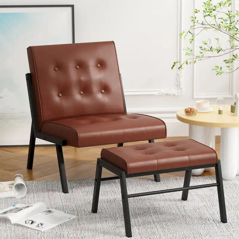 Fauteuil d'appoint Mieres style milieu du siècle, revêtu de similicuir, avec repose-pieds, 60 cm de large, capitonné, sans accoudoirs, pour salon