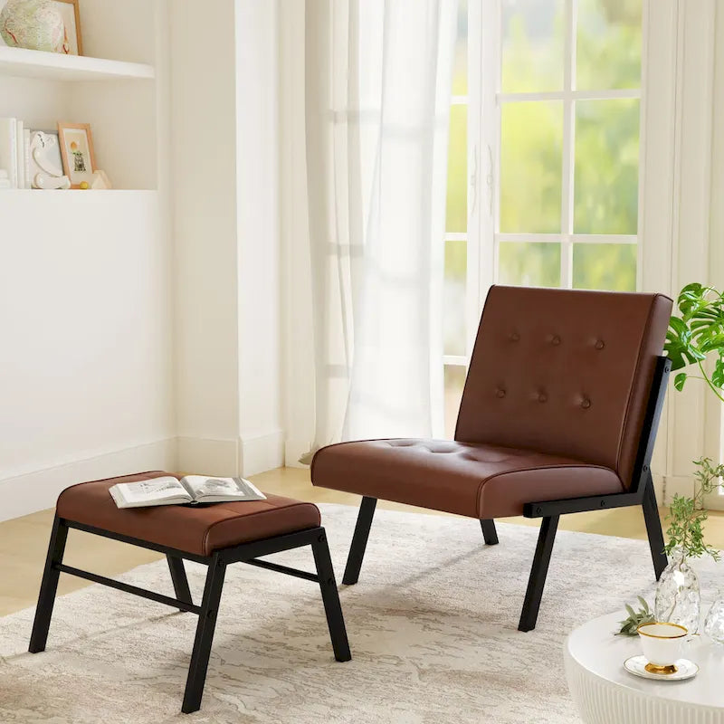 Fauteuil d'appoint Mieres style milieu du siècle, revêtu de similicuir, avec repose-pieds, 60 cm de large, capitonné, sans accoudoirs, pour salon