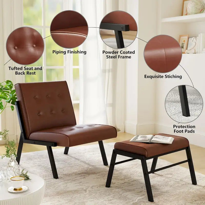 Fauteuil d'appoint Mieres style milieu du siècle, revêtu de similicuir, avec repose-pieds, 60 cm de large, capitonné, sans accoudoirs, pour salon