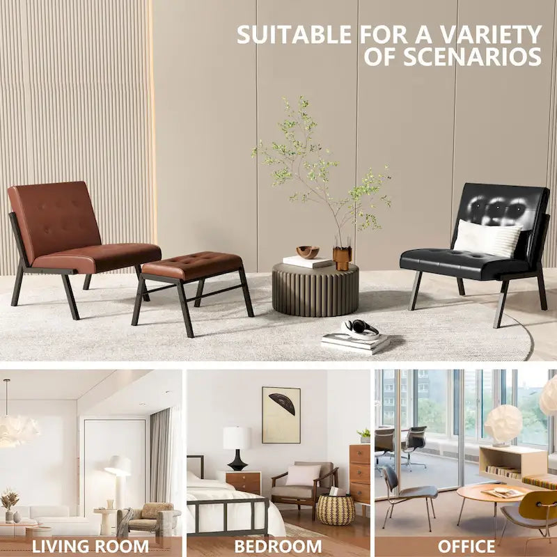 Fauteuil d'appoint Mieres style milieu du siècle, revêtu de similicuir, avec repose-pieds, 60 cm de large, capitonné, sans accoudoirs, pour salon