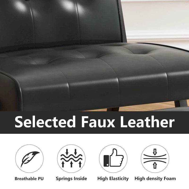 Fauteuil d'appoint Mieres style milieu du siècle, revêtu de similicuir, avec repose-pieds, 60 cm de large, capitonné, sans accoudoirs, pour salon