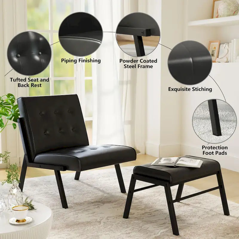 Fauteuil d'appoint Mieres style milieu du siècle, revêtu de similicuir, avec repose-pieds, 60 cm de large, capitonné, sans accoudoirs, pour salon