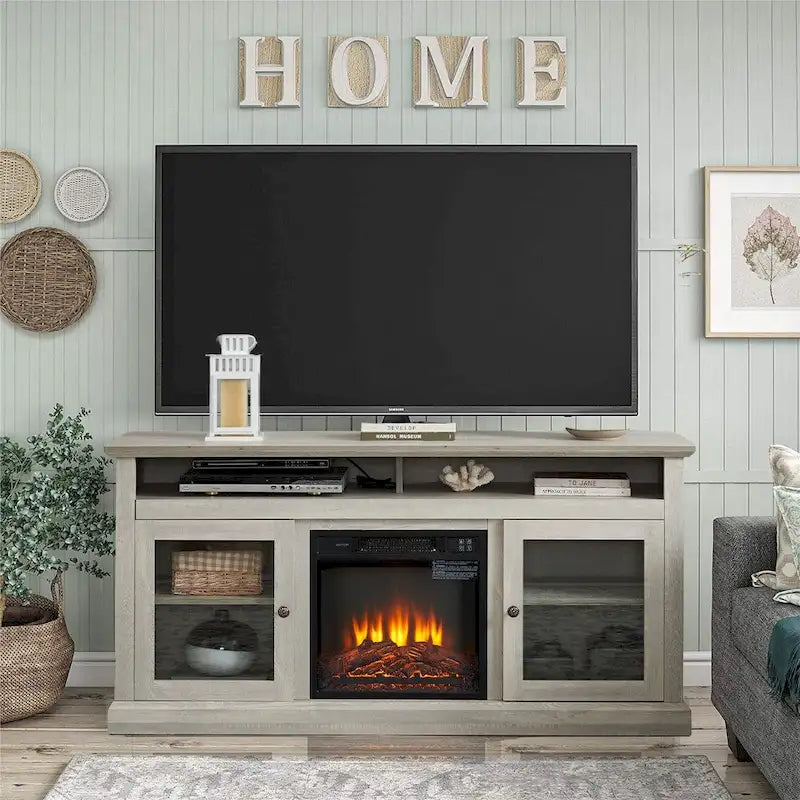 Cheminée électrique rétro 60 W avec meuble TV, étagères et placards réglables - 60 cm (L) x 15,75 cm (P) x 29 cm (H)