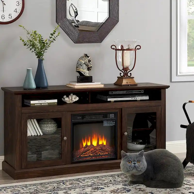 Cheminée électrique rétro 60 W avec meuble TV, étagères et placards réglables - 60 cm (L) x 15,75 cm (P) x 29 cm (H)