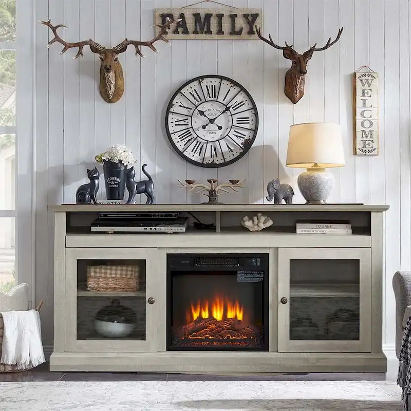 Cheminée électrique rétro 60 W avec meuble TV, étagères et placards réglables - 60 cm (L) x 15,75 cm (P) x 29 cm (H)