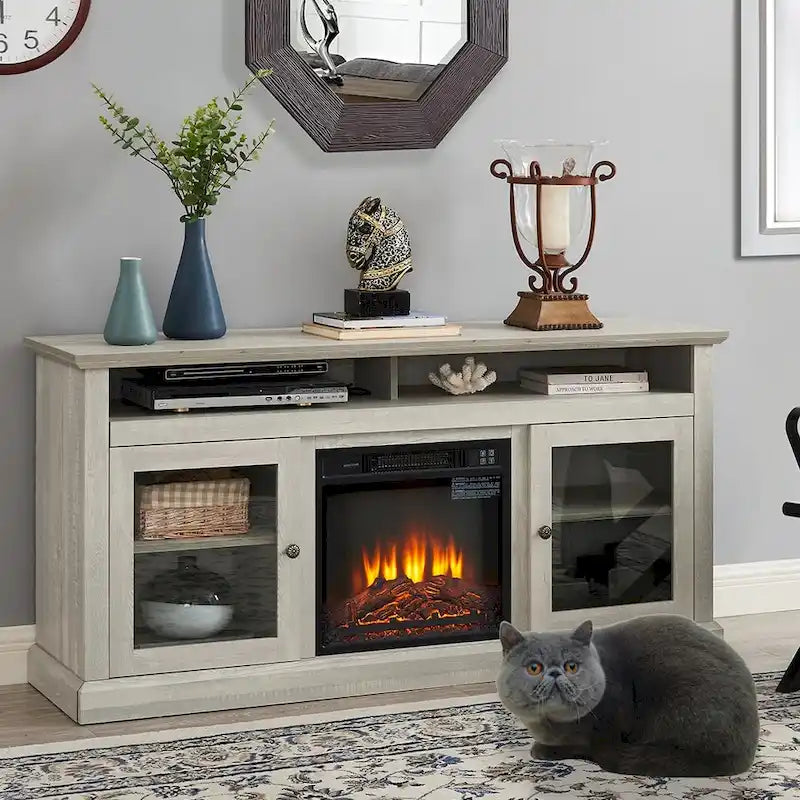 Cheminée électrique rétro 60 W avec meuble TV, étagères et placards réglables - 60 cm (L) x 15,75 cm (P) x 29 cm (H)