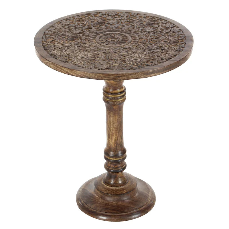 Table d'appoint en bois de manguier, motif éléphant ou floral, sculptée à la main avec une grande finesse et un piètement tourné - Brun foncé - Roche River Decor