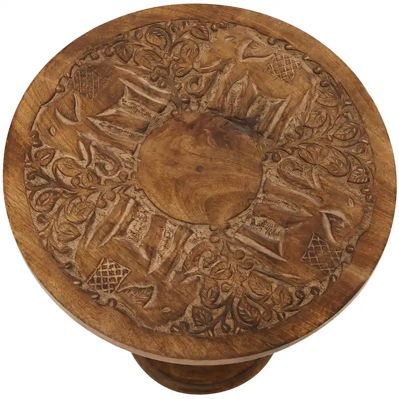 Table d'appoint en bois de manguier, motif éléphant ou floral, sculptée à la main avec une grande finesse et un piètement tourné - Brun foncé - Roche River Decor