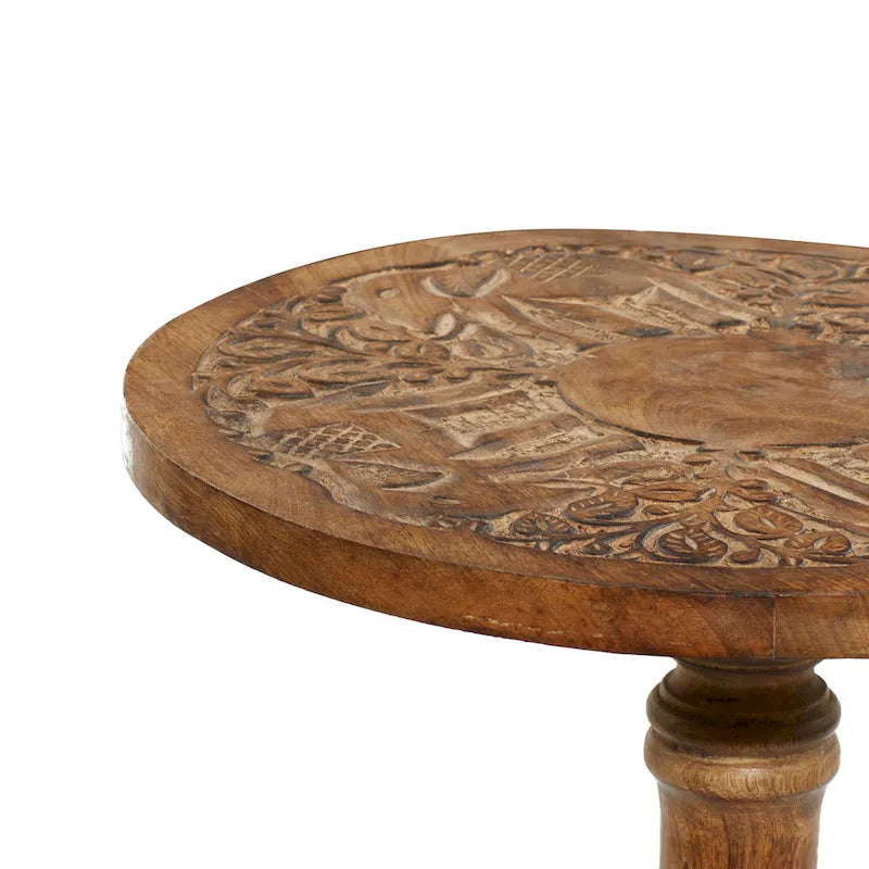 Table d'appoint en bois de manguier, motif éléphant ou floral, sculptée à la main avec une grande finesse et un piètement tourné - Brun foncé - Roche River Decor