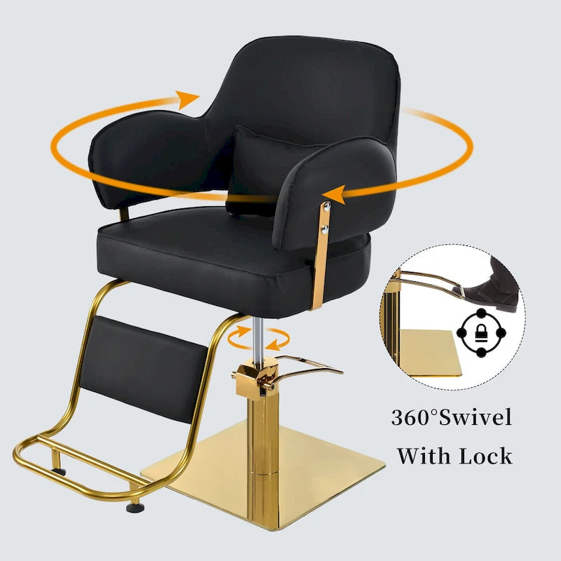 Fauteuil de barbier pivotant en cuir noir, fauteuil de salon ergonomique avec accoudoirs et pompe hydraulique robuste réglable