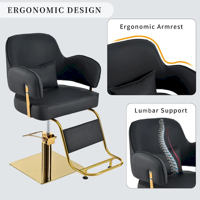 Fauteuil de barbier pivotant en cuir noir, fauteuil de salon ergonomique avec accoudoirs et pompe hydraulique robuste réglable