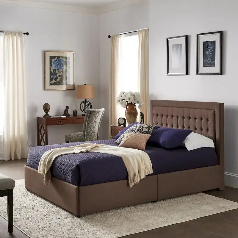 Lit plateforme de rangement avec tête de lit capitonnée en lin Arlert par iNSPIRE Q Classic