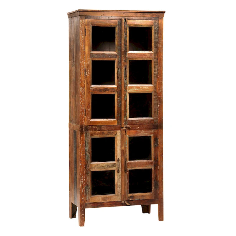 Journee 84-inch Tall Distressed Painted Reclaimed Mango Wood and Glass Storage Cabinet
