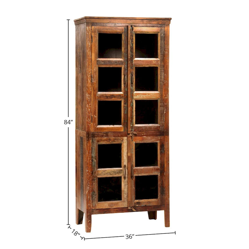 Armoire de rangement Journee de 213 cm de haut, en bois de manguier recyclé peint à l'aspect vieilli et en verre