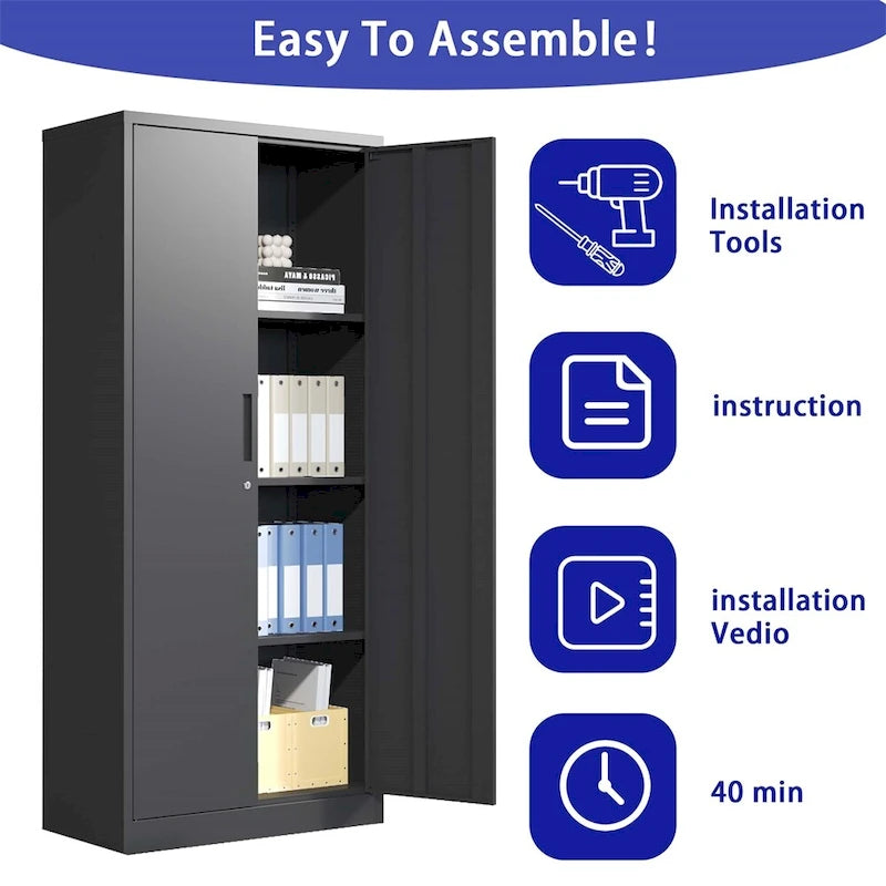 Armoire de rangement métallique pour garage, en acier à outils, avec portes et 3 étagères