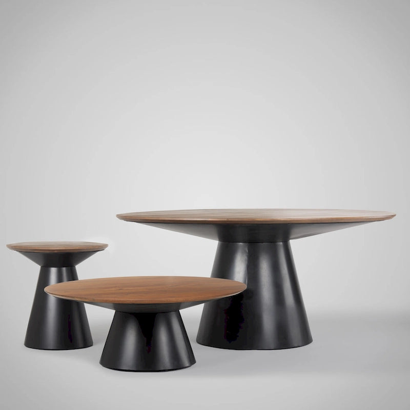 Table basse ronde Mitchell avec plateau en bois massif et piètement en fonte noire