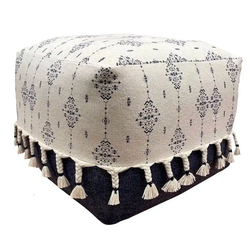 18 Navy and White Ornamental Motif Handcrafted Square Pouf Ottoman