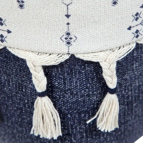 Pouf ottoman carré artisanal à motif ornemental bleu marine et blanc, 18 pouces.
