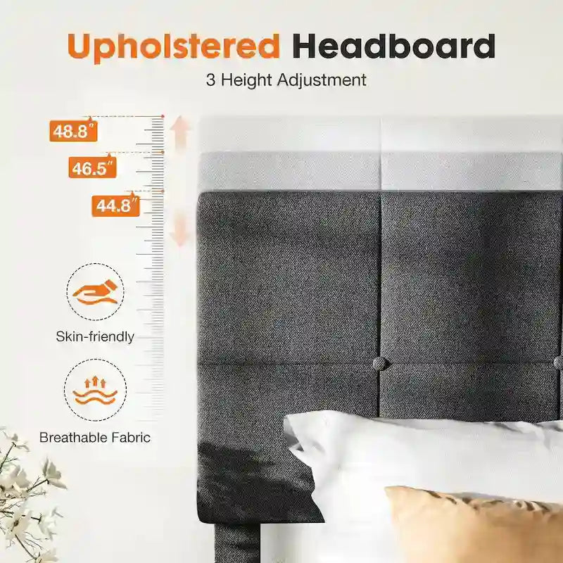 Cadre de lit simple, lit plateforme capitonné en lin avec tête de lit réglable en hauteur