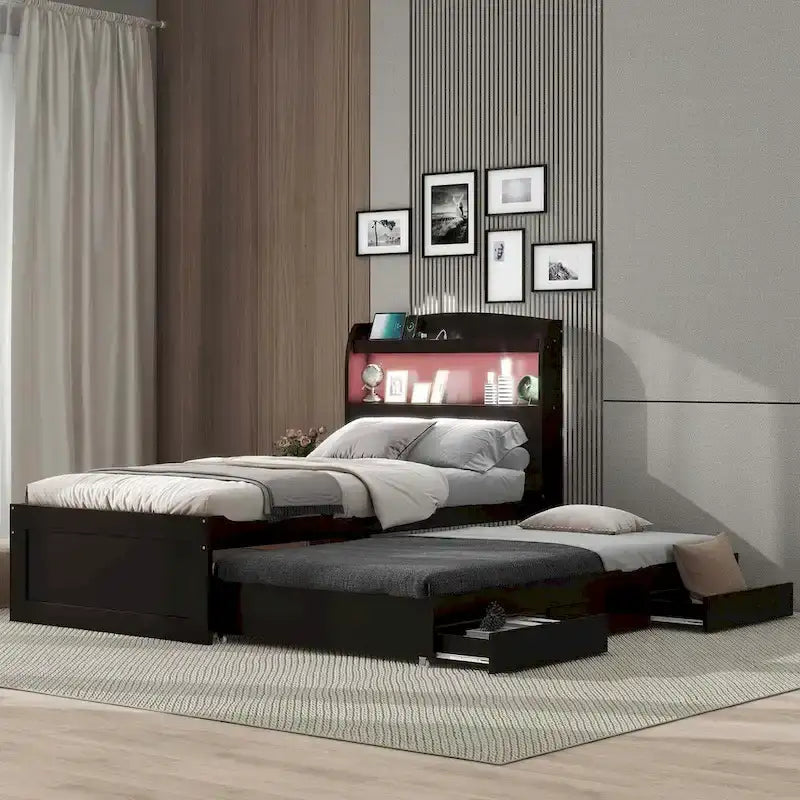 Twin XL Size Platform Bed with LED Headboard and Twin Trundle