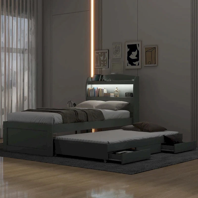 Lit plateforme double XL avec tête de lit LED et lit gigogne simple