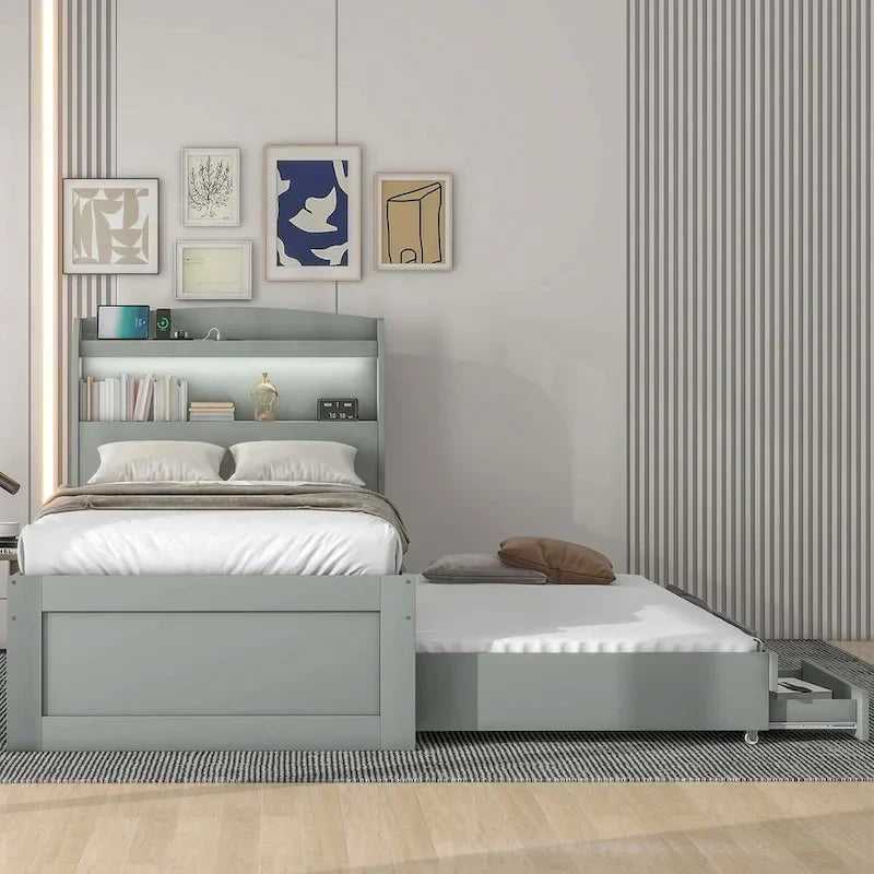 Lit plateforme double XL avec tête de lit LED et lit gigogne simple