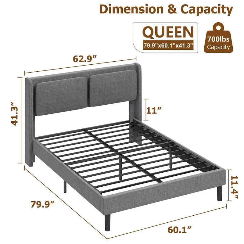 Cadre de lit Queen avec ports USB