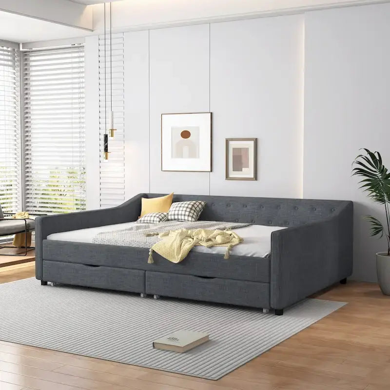 Lit de jour rembourré pleine grandeur avec tiroirs pour chambre à coucher