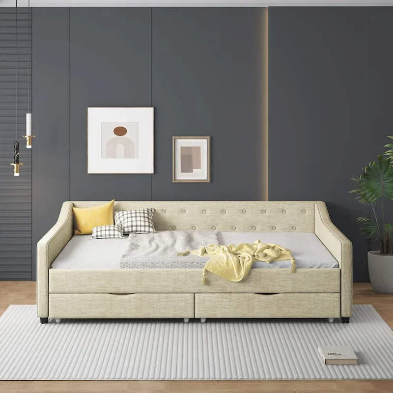 Lit de jour rembourré pleine grandeur avec tiroirs pour chambre à coucher