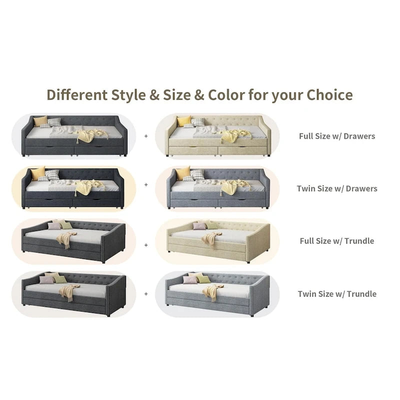 Lit de jour rembourré pleine grandeur avec tiroirs pour chambre à coucher