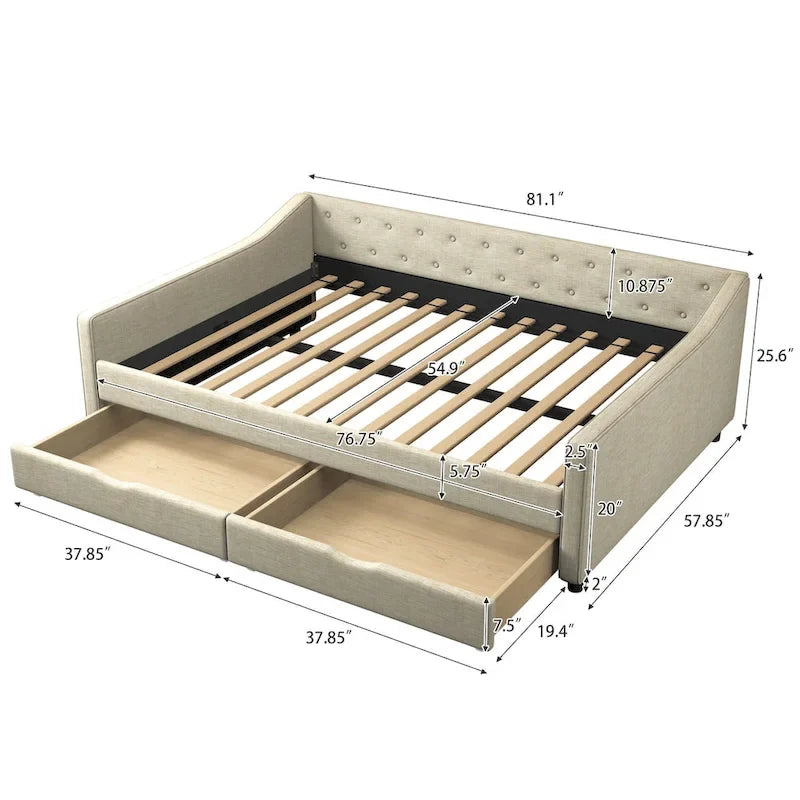 Lit de jour rembourré pleine grandeur avec tiroirs pour chambre à coucher