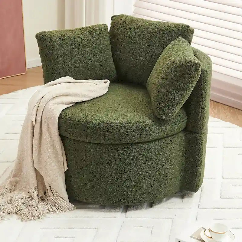 Fauteuil pivotant en tissu avec rangement et coussin de dossier pour salon