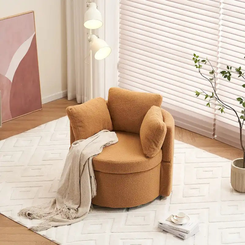 Fauteuil pivotant en tissu avec rangement et coussin de dossier pour salon