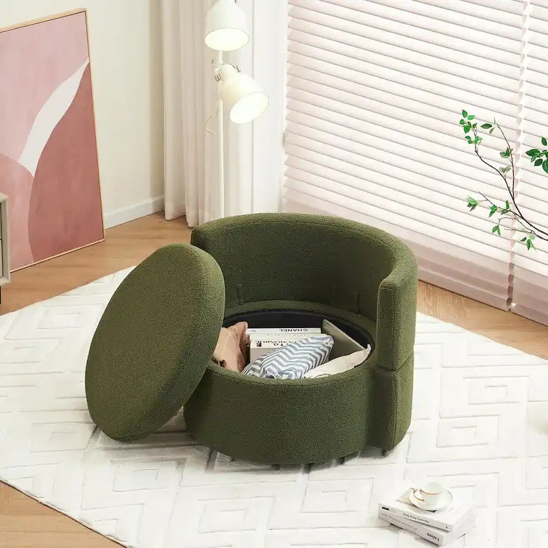 Fauteuil pivotant en tissu avec rangement et coussin de dossier pour salon
