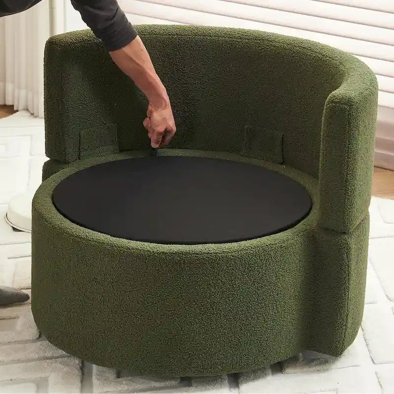 Fauteuil pivotant en tissu avec rangement et coussin de dossier pour salon