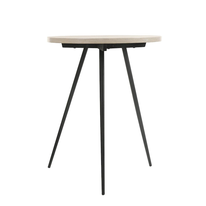 Table d'appoint ronde avec piètement en métal, coloris chêne blanc et noir.